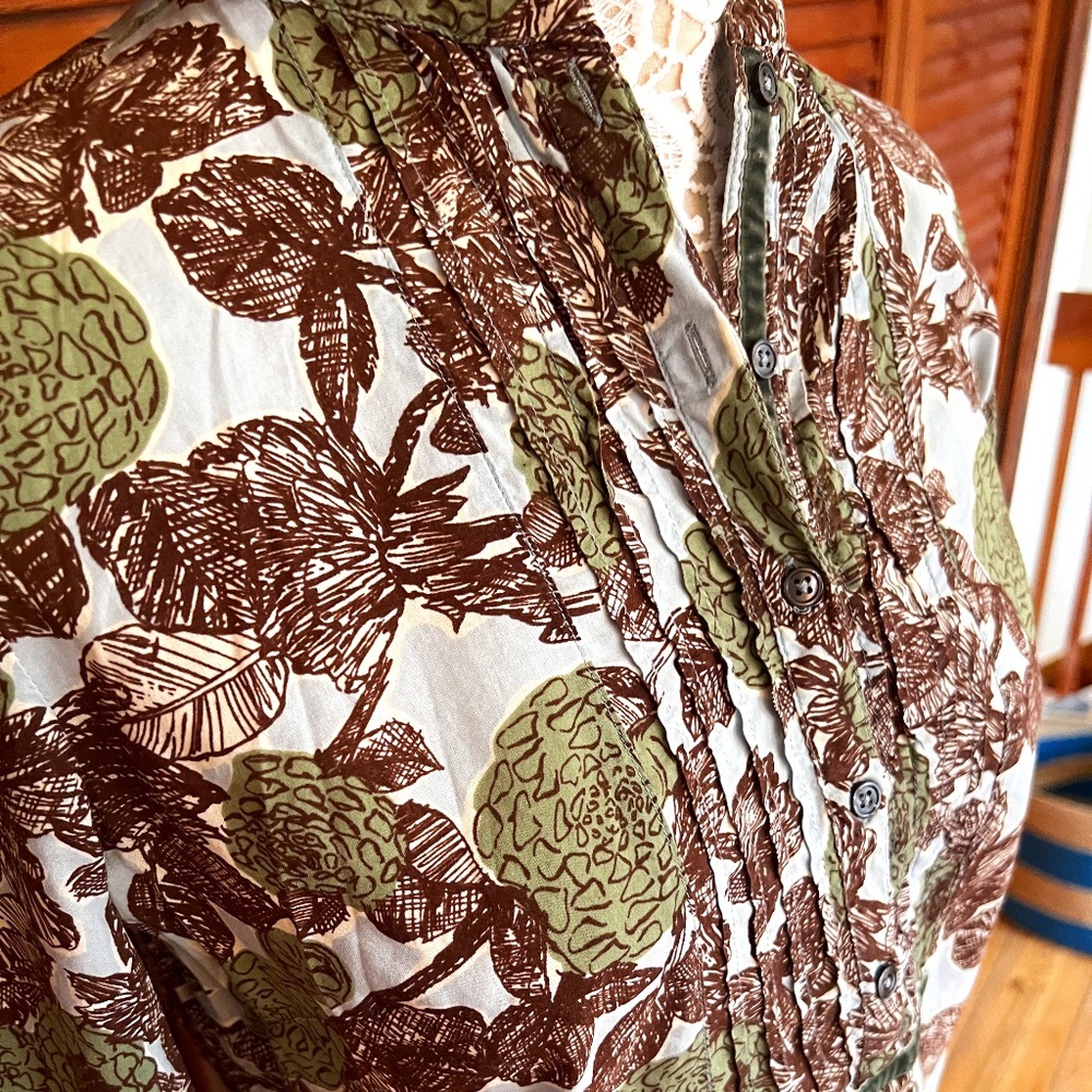 BODEN Women's Green/Brown Floral Print Cotton Top, Size 10